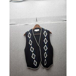 Vintage Norton McNaughton Black & Blue Argyle Knit Button-Up Sweater Vest - Size